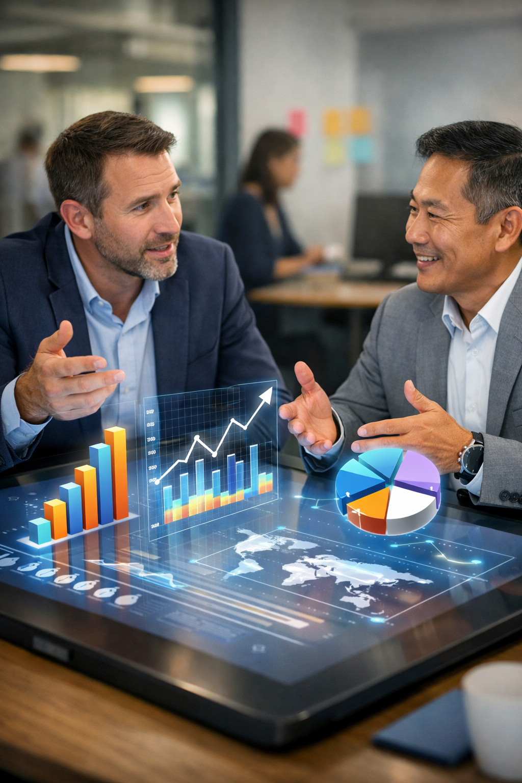 A potential business customer asking a question of an advisor Set in a collaborative setting engaging over an interactive digital display with some gr