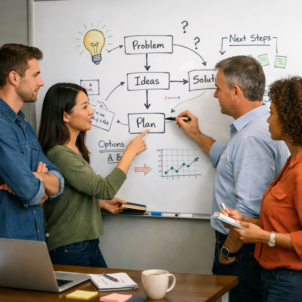 photographic A small goup of people in a meeting room solving a problem together on a whiteboard